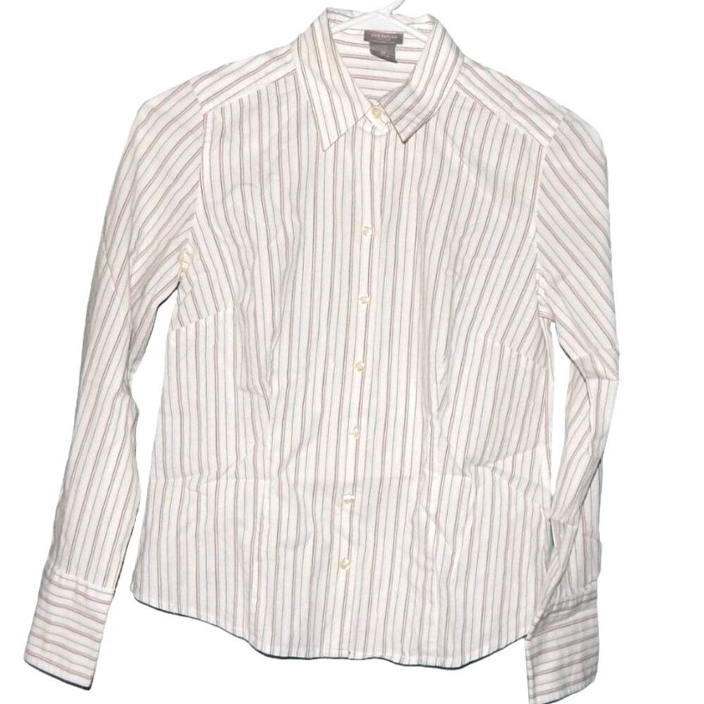 Ann Taylor Petites women’s size 4 white tan brown striped button‑front shirt
